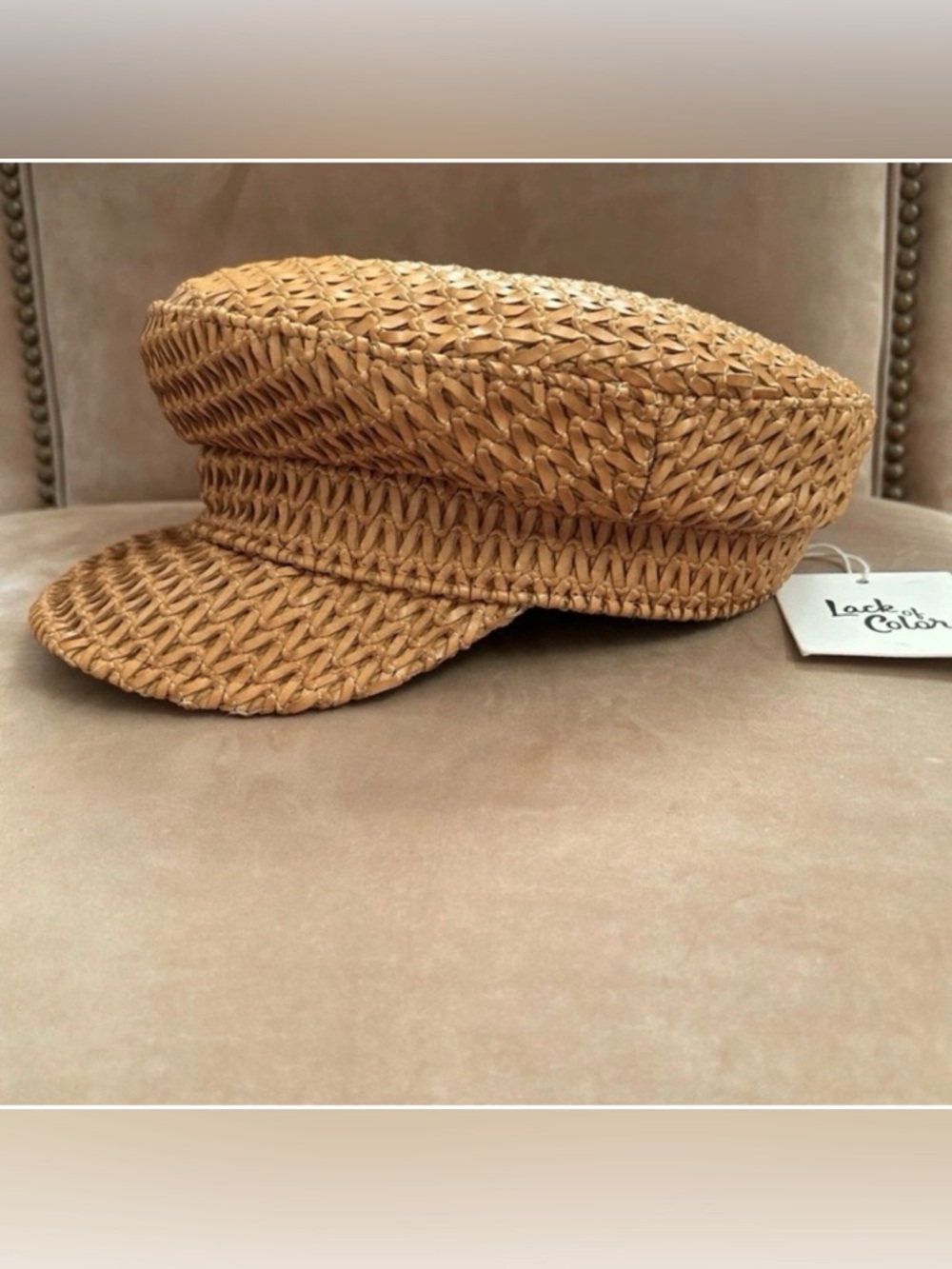 Lack Of Color Mesa Golden Rod Brown Faux Leather Raffia Newsboy Cap NWT 57cm (M)